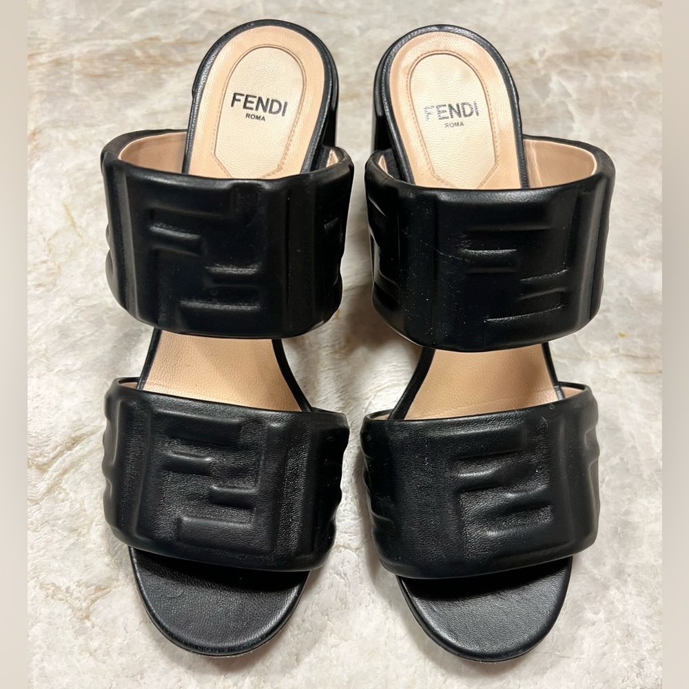 FENDI FF Slide Sandals Leather Black 38 $985